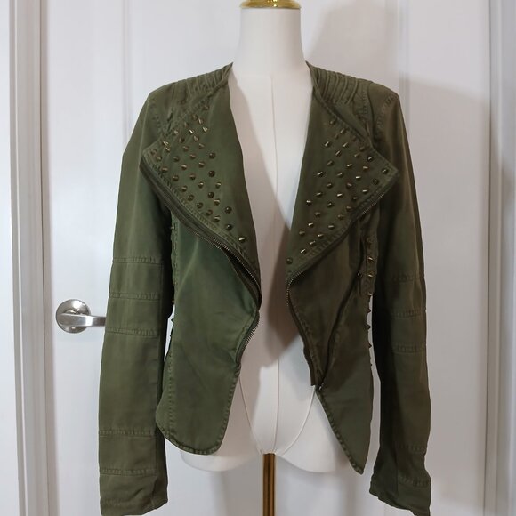 Forever 21 Studded Moto Jacket Women’s Medium Olive Green Open Front - Picture 2 of 6